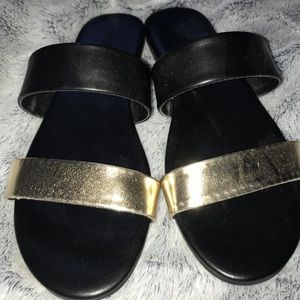 Black and gold slide on sandals